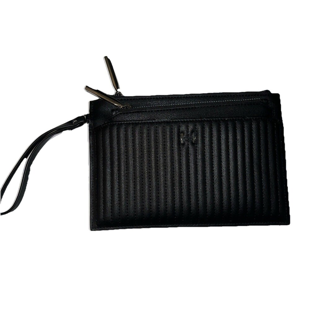 H by Halston Wristlet Wallet Black Quilted Faux Leather Credit Card Pockets Zip